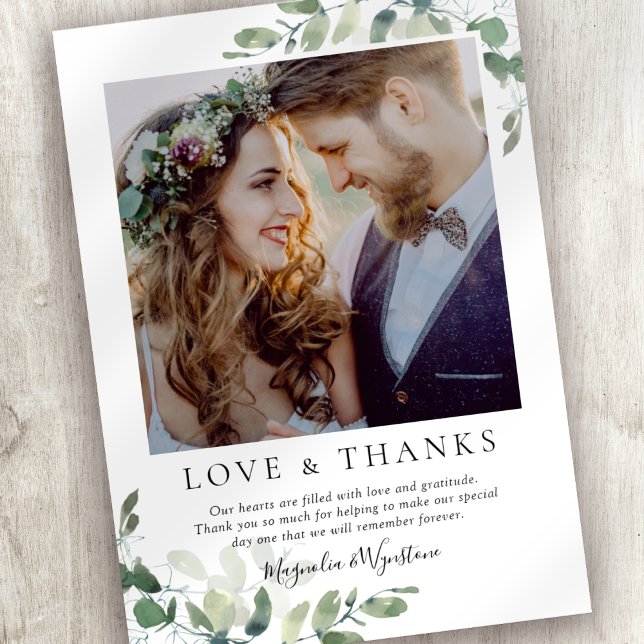 Cartão De Agradecimento Casamento de Foto Eucalyptus (Thank friends and family for celebrating your wedding with this eucalyptus photo thank you card. )