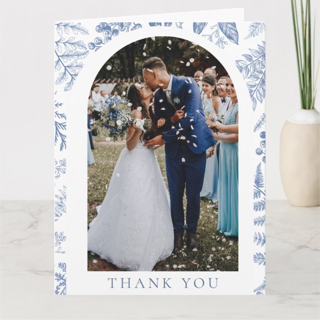 Cartão De Agradecimento Casamento de Foto Floral Azul Branco (Frente)