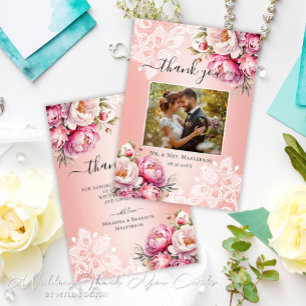 Cartão De Agradecimento Casamento de Foto Floral de Aquarela Dourada Elega