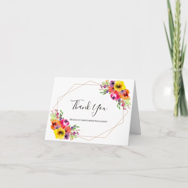 Cartão De Agradecimento Casamento de Foto Floral de Aquarela Geométrica El (Frente)