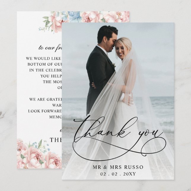 Cartão De Agradecimento Casamento de Foto Floral de Blush Elegante com Scr (Frente/Verso)