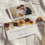 Cartão De Agradecimento Casamento De Foto Floral De Girassol<br><div class="desc">Sua foto de casamento está na frente deste cartões de agradecimentos plano com uma linha de texto para personalizar sua mensagem de obrigado. Uma borda de girassóis amarelos, flores vermelhas e flores brancas de marfim no topo das costas. O obrigado que você envia e os nomes seguem. Concebido para coordenar...</div>