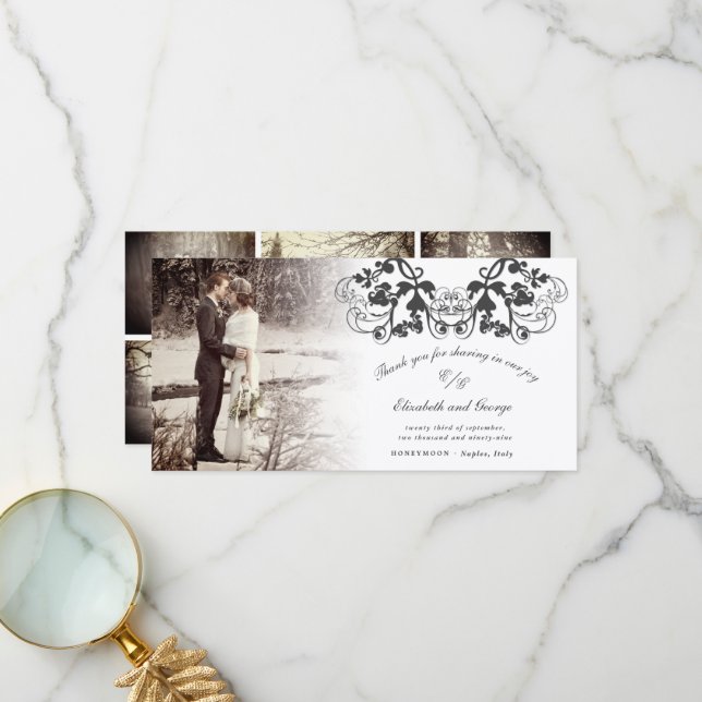 Cartão De Agradecimento Casamento de Foto Floral Flourish Damask Black Vin (Frente/Verso In Situ)