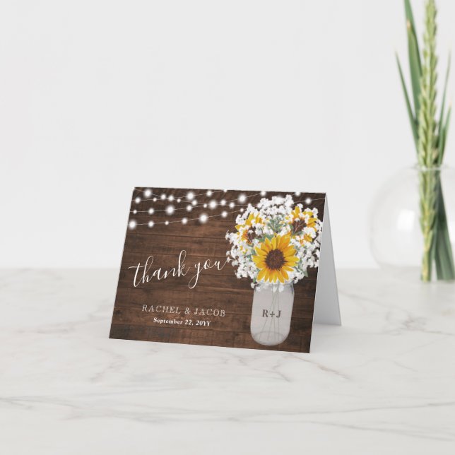 Cartão De Agradecimento Casamento de Foto Foto Rústico de Girassóis (Frente)
