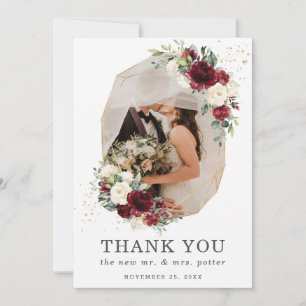 Cartão De Agradecimento Casamento de Foto Geométrica Dourada Floral de Ivo