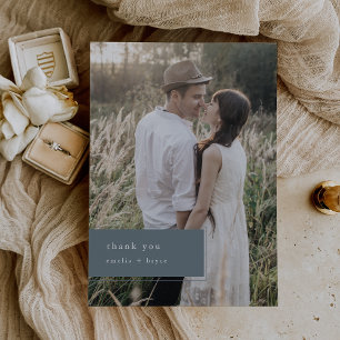 Cartão De Agradecimento Casamento de Foto Minimalista Azul de Vintage, EME