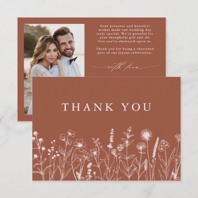 Cartão De Agradecimento Casamento de Foto Minimalista Terracotta Wildflowe (Frente/Verso)