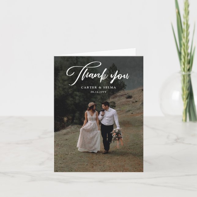 Cartão De Agradecimento Casamento de Foto Moderna com Letra Minima (Frente)