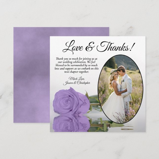 Cartão De Agradecimento Casamento de Foto Oval de Rosa Roxo da Lavanda Ele (Frente/Verso)