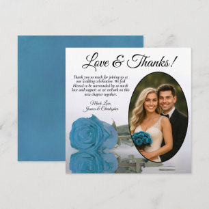 Cartão De Agradecimento Casamento de Foto Oval e Rosa Azul Turquoise Elega