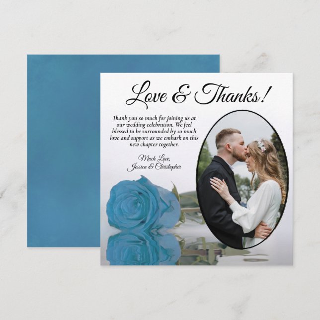 Cartão De Agradecimento Casamento de Foto Oval e Rosa Azul Turquoise Elega (Frente/Verso)