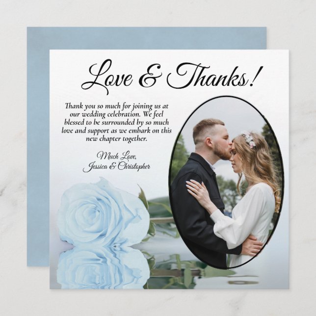 Cartão De Agradecimento Casamento de Foto Oval, Rosa Azul e Elegante (Frente/Verso)