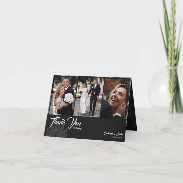 Cartão De Agradecimento Casamento de Foto Pavão 3 Preto Moderno Deco Dobra (Frente)