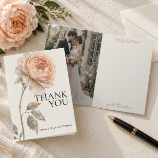 Cartão De Agradecimento Casamento de Foto Peônia Pêssego Editorial Moderno