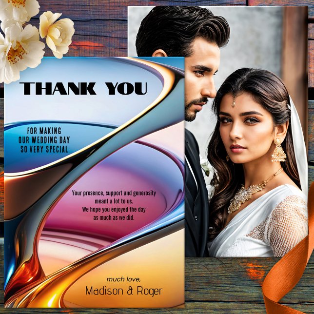 Cartão De Agradecimento Casamento de Foto por Abstrato Moderno (A colorful modern abstract art wedding Thank You card with on the back your custom photo)