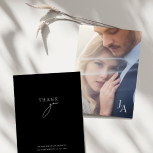 Cartão De Agradecimento Casamento de Foto Script Preto Minimalista