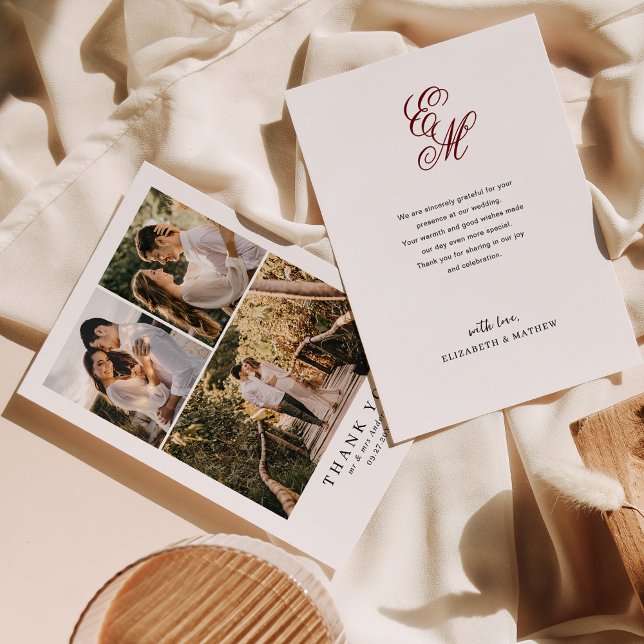 Cartão De Agradecimento Casamento de Foto Simples Elegante Burgundy Red Mo (Criador carregado)