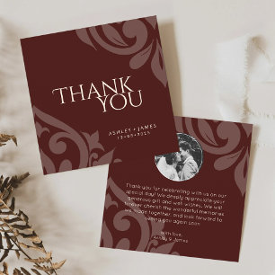 Cartão De Agradecimento Casamento de Foto Vermelha Clássica Damask Elegant