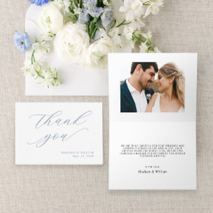 Cartão De Agradecimento Casamento de Fotografia Azul com Caligrafia Elegan