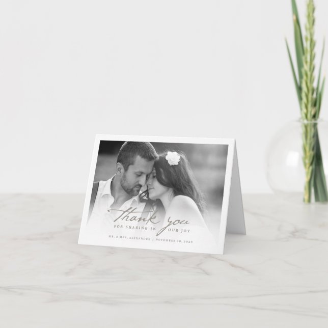 Cartão De Agradecimento Casamento de Fotografia com Na moda de Script de M (Frente)