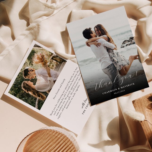 Cartão De Agradecimento Casamento de Fotografia com Script de Mão Moderna (Criador carregado)