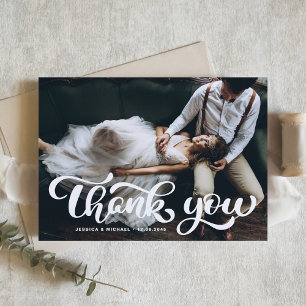 Cartão De Agradecimento Casamento de Fotografia com Script Retro Branco