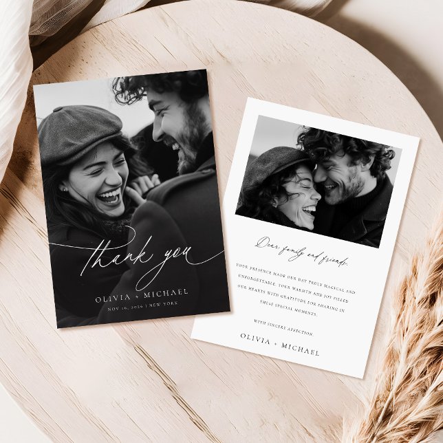 Cartão De Agradecimento Casamento de Fotografia da Caligrafia Negra Minima (Criador carregado)