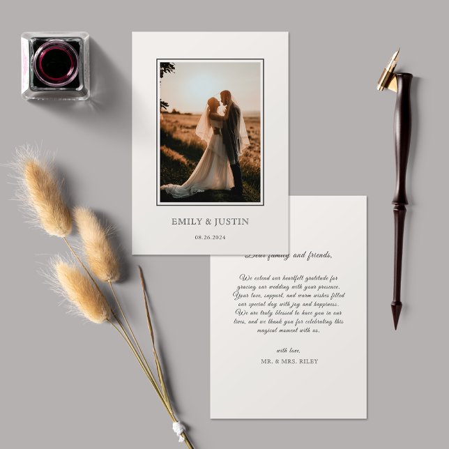 Cartão De Agradecimento Casamento de Fotografia de Elegante Beige (Criador carregado)