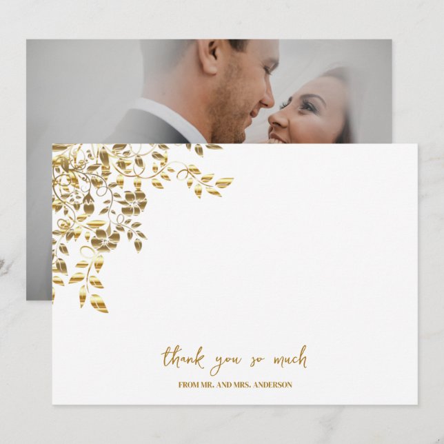 Cartão De Agradecimento Casamento de Fotografia de Script de Nome Dourado  (Frente/Verso)
