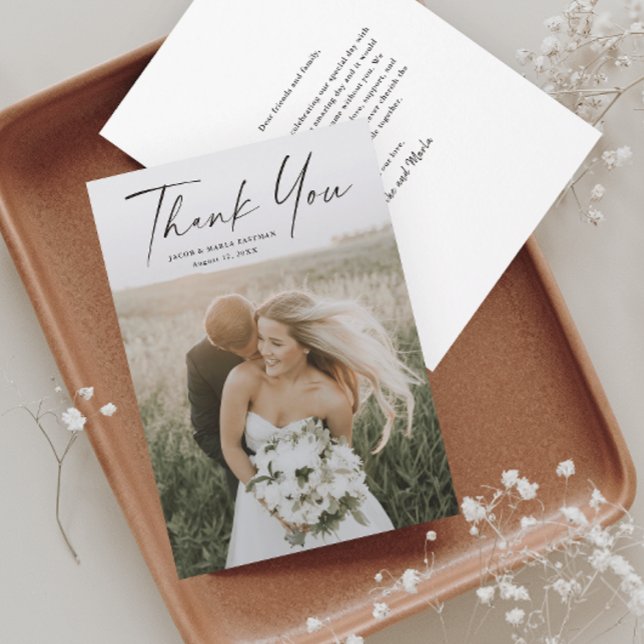 Cartão De Agradecimento Casamento de Fotografia de Script Simples (Criador carregado)