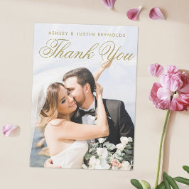 Cartão De Agradecimento Casamento de Fotografia Dourada Simples Elegante