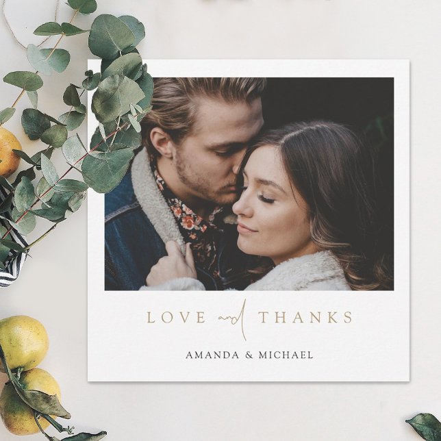 Cartão De Agradecimento Casamento de Fotografia Dourada Simples Elegante (Criador carregado)