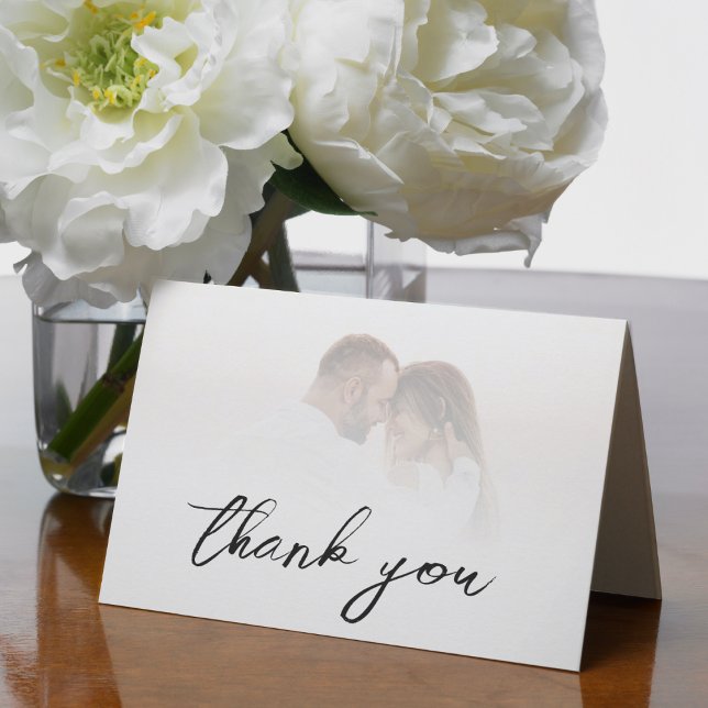 Cartão De Agradecimento Casamento de Fotografia Elegante de Simples Boca B (Simple White Ombre Elegant Photo Wedding Thank You Card)