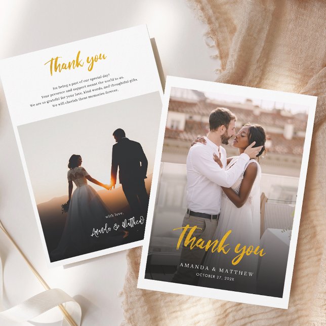 Cartão De Agradecimento Casamento de Fotografias com Letra Mão Elegante (Modern 2 Photos Wedding Thank You Card)