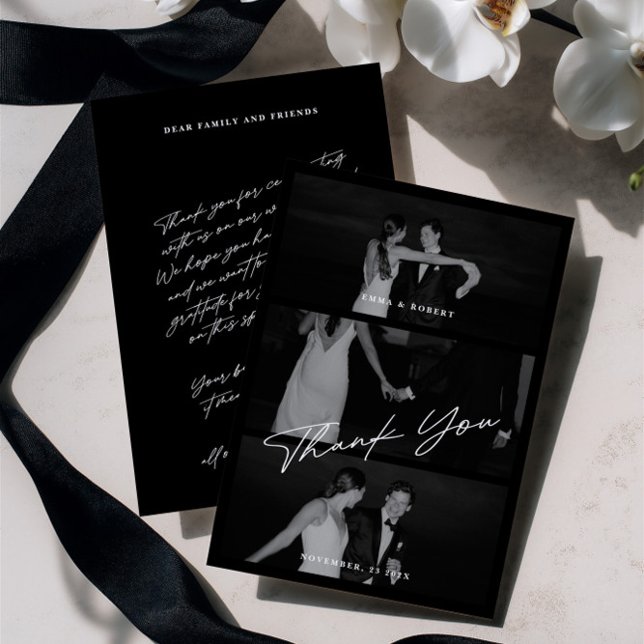 Cartão De Agradecimento Casamento de Fotografias com Preto 3 do Script Ele (Chic Elegant Script Black 3 Photo Wedding Thank You Card)