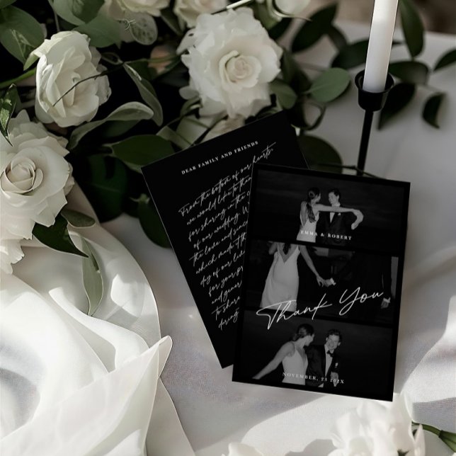 Cartão De Agradecimento Casamento de Fotografias com Preto 3 do Script Ele (Chic Elegant Script Black 3 Photo Wedding Thank You Card)