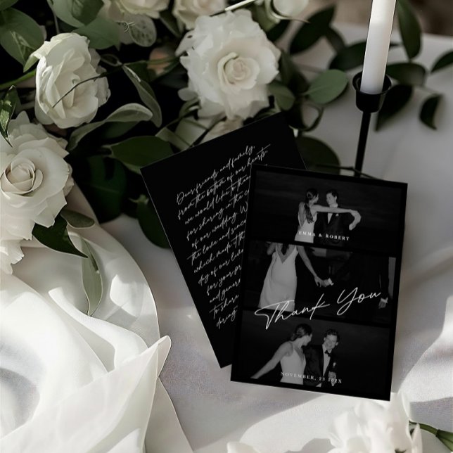 Cartão De Agradecimento Casamento de Fotografias com Preto 3 do Script Ele (Chic Elegant Script Black 3 Photo Wedding Thank You Card)