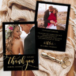 Cartão De Agradecimento Casamento de Fotografias com Script 2 Dourado e Gr<br><div class="desc">Cartões de agradecimentos De Casamento Fotográfico Dourado Do Moderno Boho Chic Chic Script 2. modelo obrigado de na moda com uma foto vertical de cheio na frente com o texto "Obrigado" em uma tipografia balançada à mão balançando tipografia sofisticada com letra risca de alta definição de letra "faux gold foil"...</div>