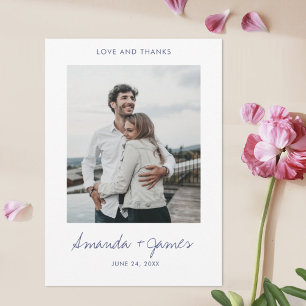 Cartão De Agradecimento Casamento de Fotografias com Script Azul Moderno e