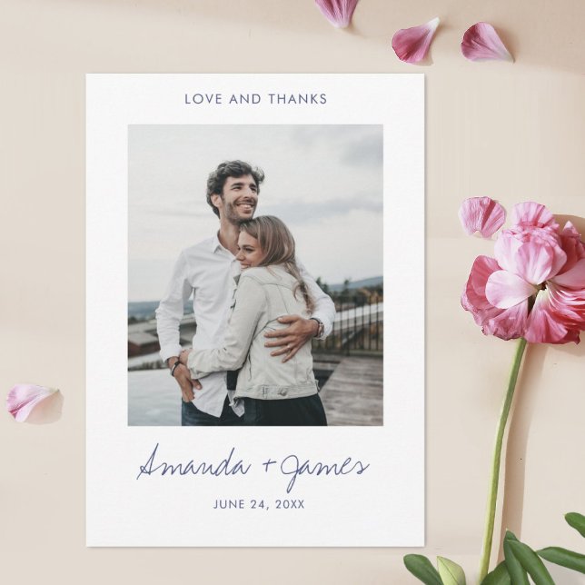 Cartão De Agradecimento Casamento de Fotografias com Script Azul Moderno e (Criador carregado)