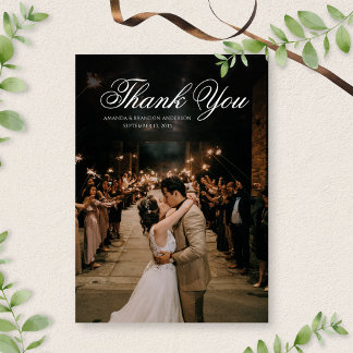 Cartão De Agradecimento Casamento de Fotografias com Script Branco e Preto