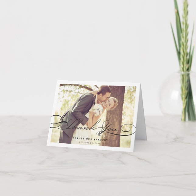Cartão De Agradecimento Casamento de Fotografias com Script Clássico Na mo (Frente)