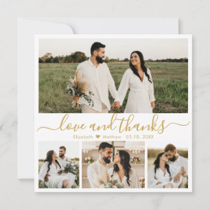 Cartão De Agradecimento Casamento de Fotografias com Script Dourado e Bran