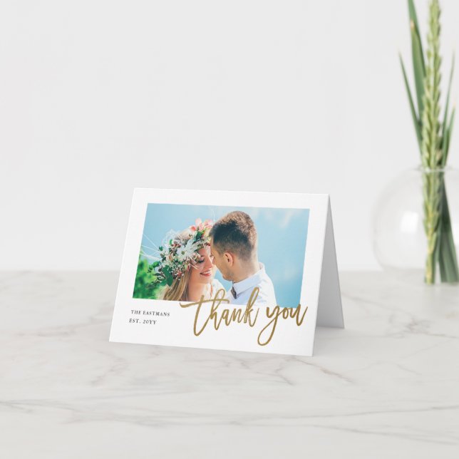 Cartão De Agradecimento Casamento de Fotografias com Script Dourado Modern (Frente)