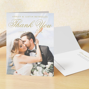 Cartão De Agradecimento Casamento de Fotografias com Script Dourado Modern