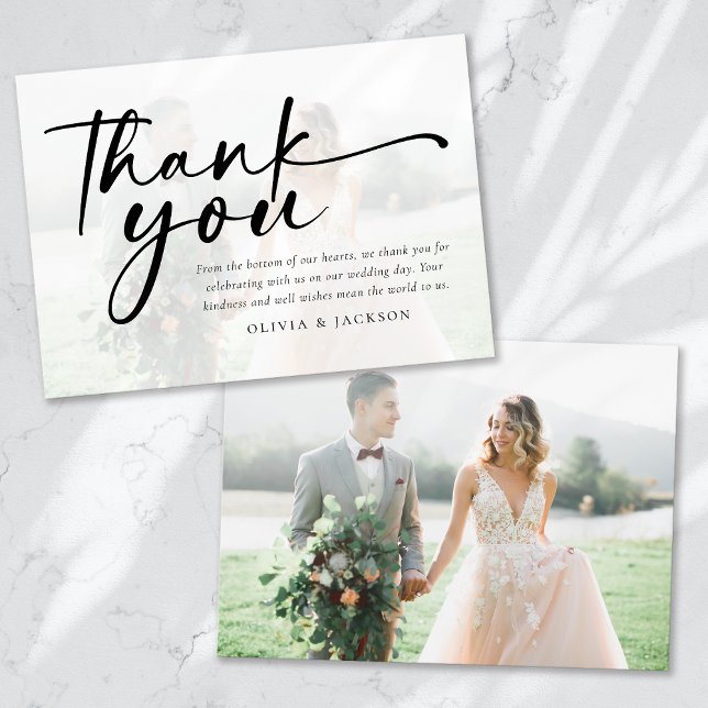 Cartão De Agradecimento Casamento de Fotografias com Script Moderno Chic (Criador carregado)