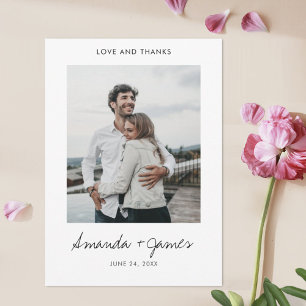 Cartão De Agradecimento Casamento de Fotografias com Script Preto Moderno 