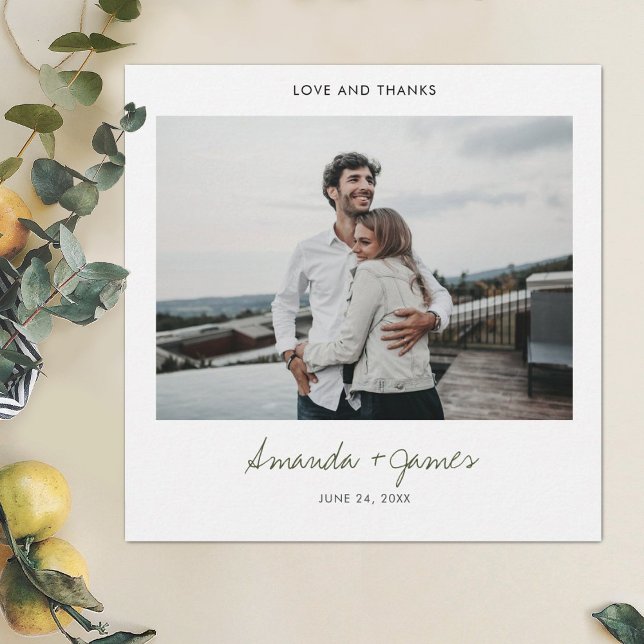 Cartão De Agradecimento Casamento de Fotografias com Script Verde Moderno  (Criador carregado)