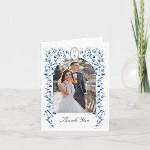 Cartão De Agradecimento Casamento de Fotografias de Delft Azul e Branco