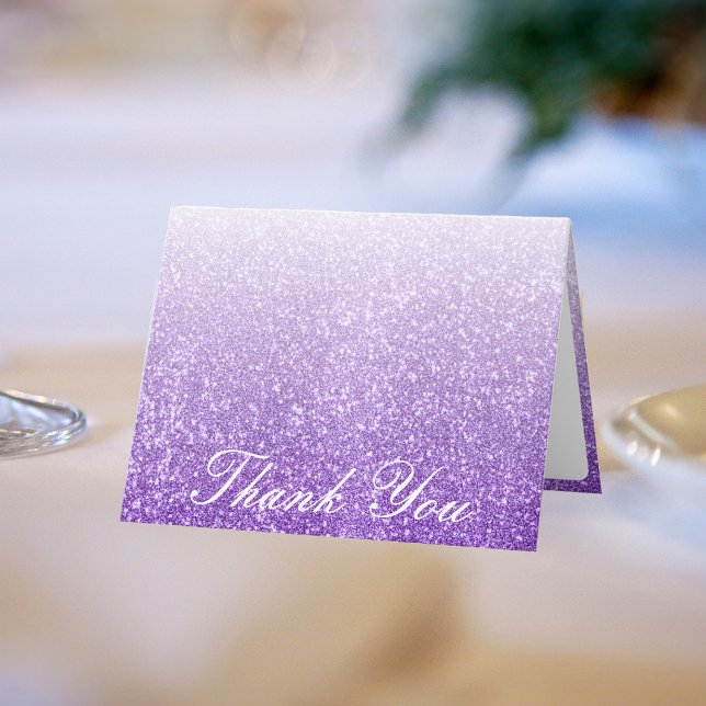 Cartão De Agradecimento Casamento de Fotografias de Ombre de Brilho Branco (White & Purple Glitter Ombre Photo Wedding Thank You Card)